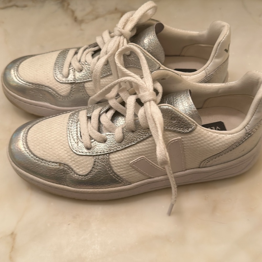 Veja White and Silver Sneakers